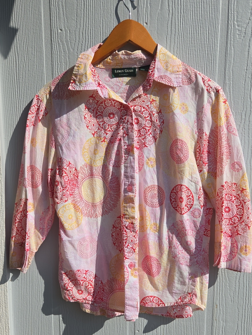 🍋 LEMON GRASS Studio Pink-Yellow-Red Mandala Button Down Shirt 🌸